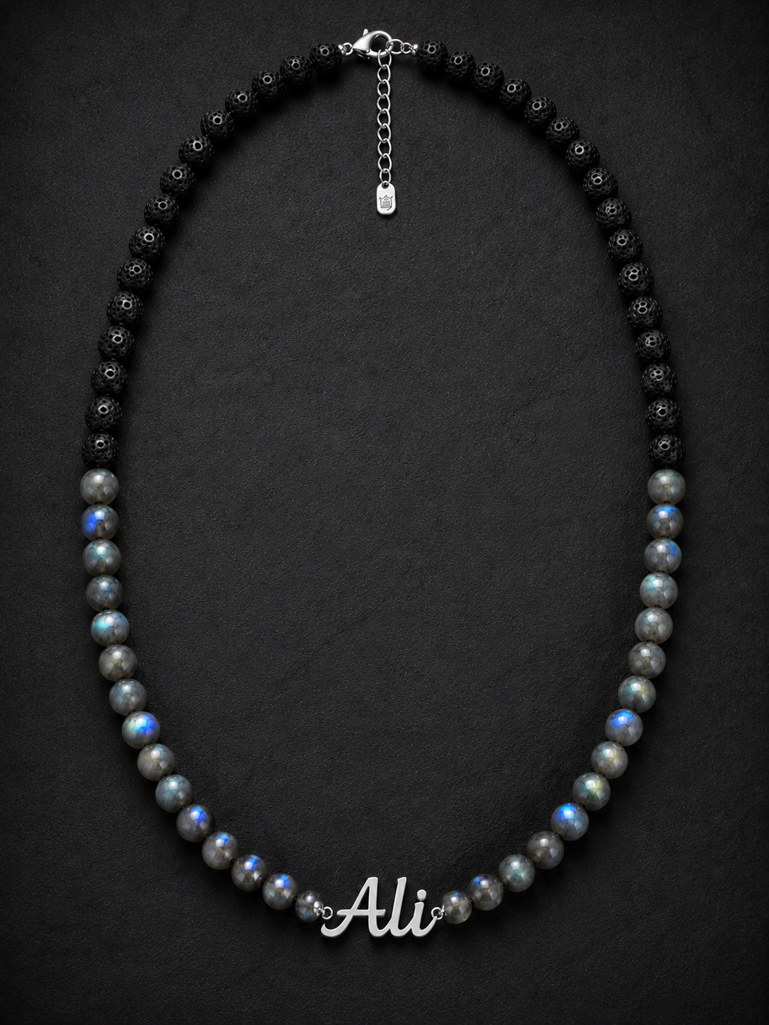 Labradorite & Black Lava Custom Name Necklace for Men