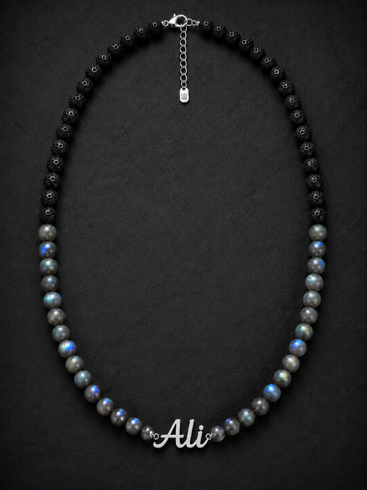 Labradorite & Black Lava Custom Name Necklace for Men