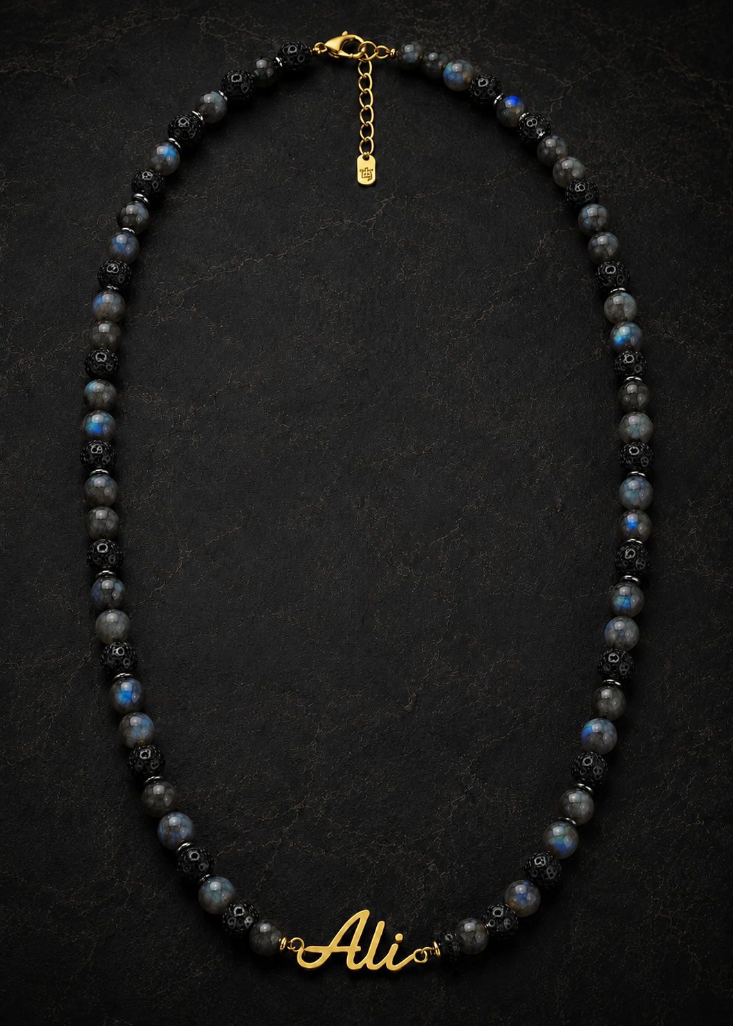 Labradorite & Black Lava Custom Name Necklace