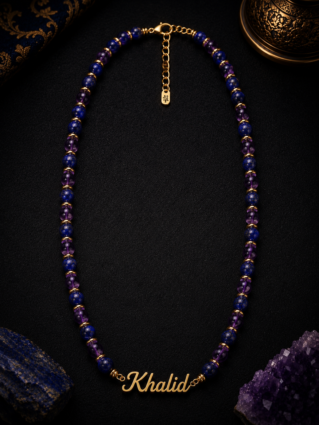 Lapis Lazuli & Amethyst Custom Name Necklace Men