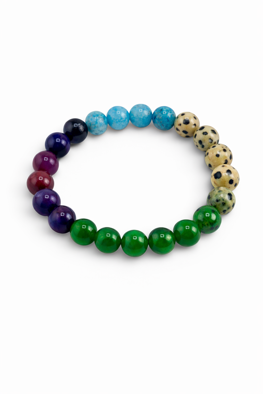 Multicolored beaded bracelet on a white background