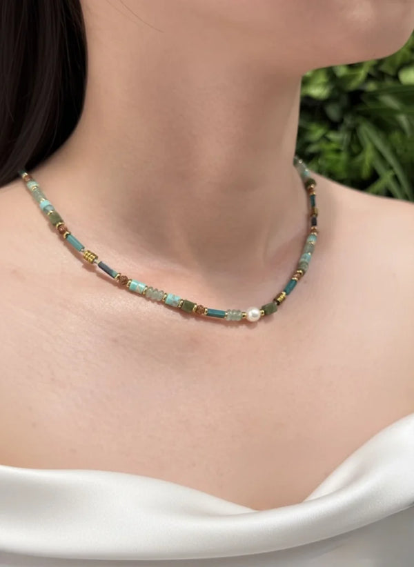 African Turquoise, Red Jasper & White Pearl Necklace – Natural Strength with Classic Grace