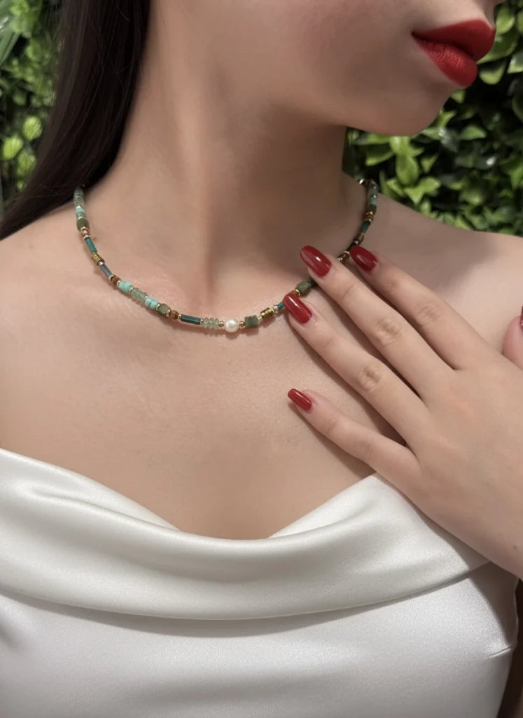 African Turquoise, Red Jasper & White Pearl Necklace – Natural Strength with Classic Grace