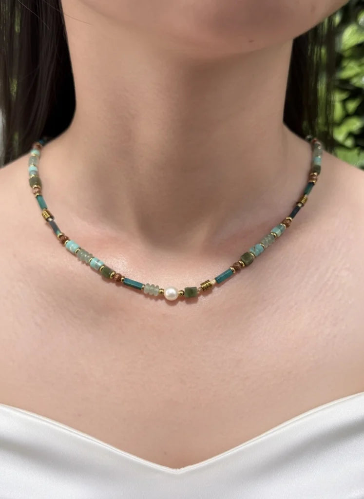 African Turquoise, Red Jasper & White Pearl Necklace – Natural Strength with Classic Grace