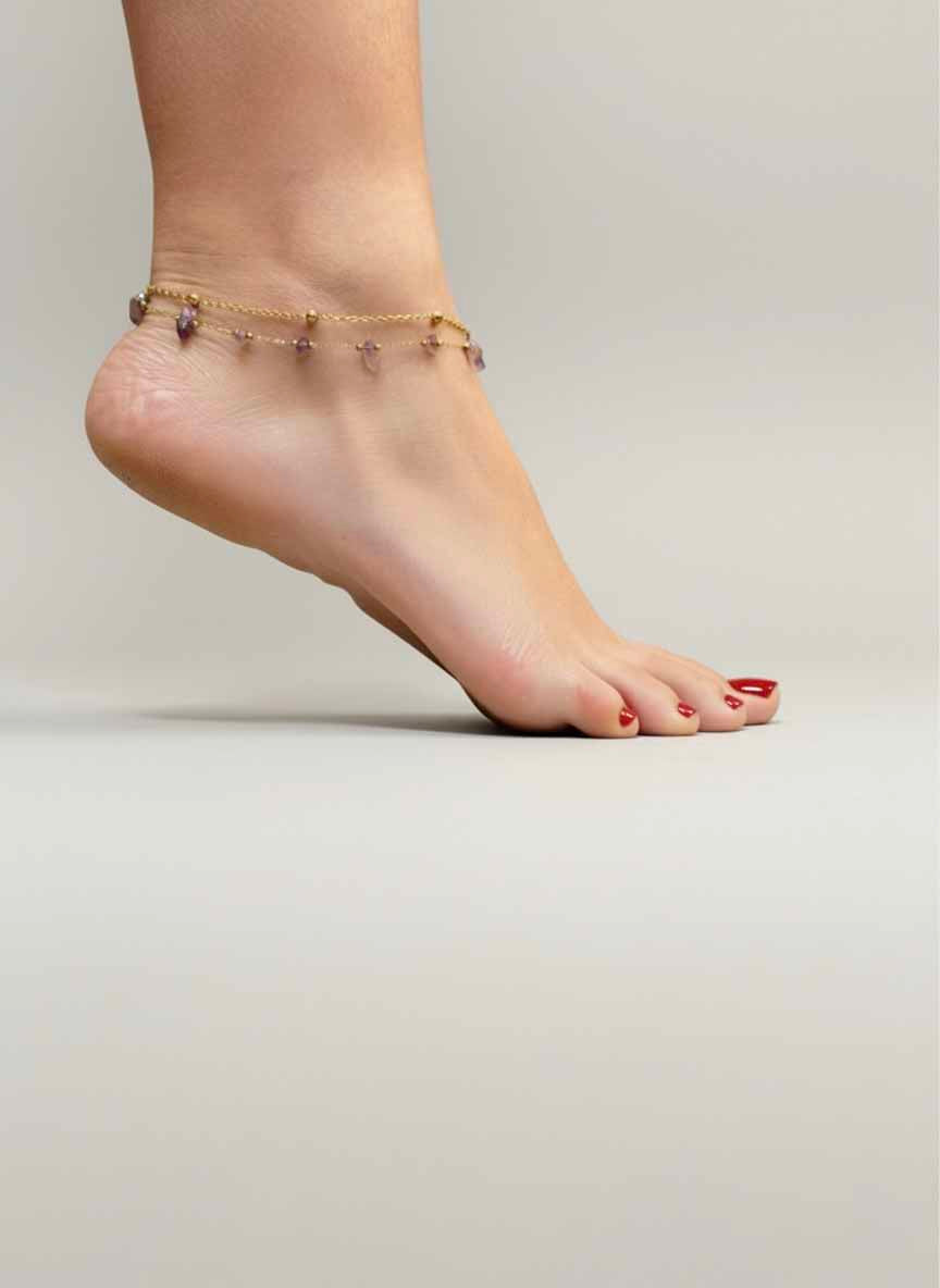 Amethyst Gold Anklet – Dainty Purple Stone Anklet with Elegant Amethyst Beads
