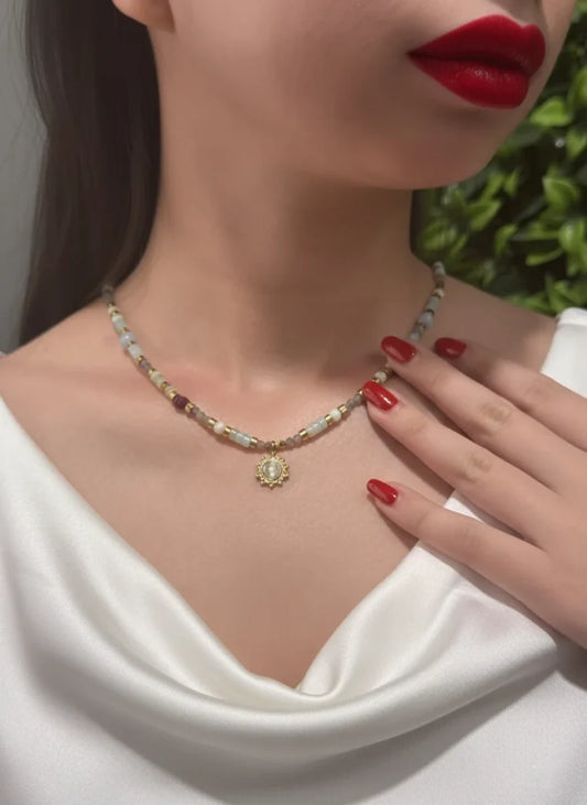 Aquamarine, Garnet & White Quartz Necklace – Ocean Calm, Passion & Clarity