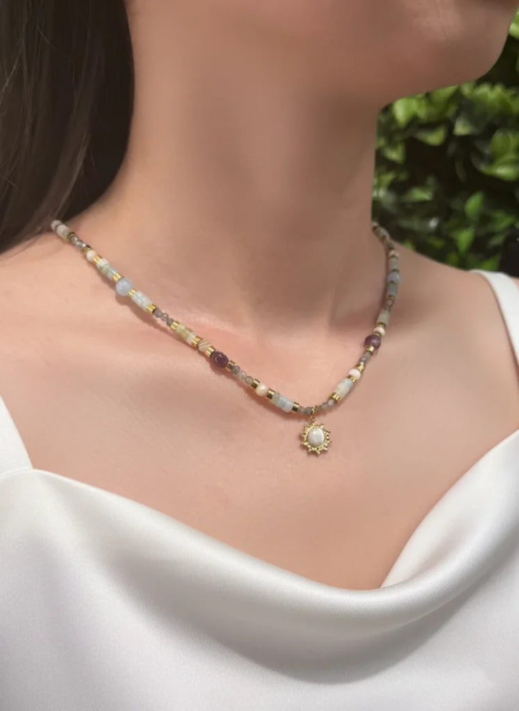 Aquamarine, Garnet & White Quartz Necklace – Ocean Calm, Passion & Clarity