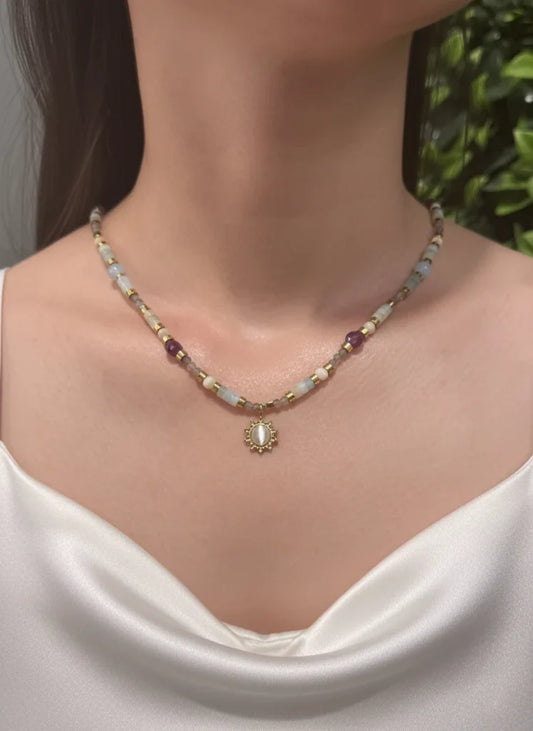 Aquamarine, Garnet & White Quartz Necklace – Ocean Calm, Passion & Clarity