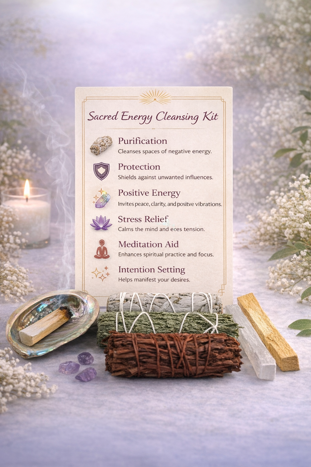 Sacred Energy Cleansing Kit with a card detailing its benefits on a decorative background.