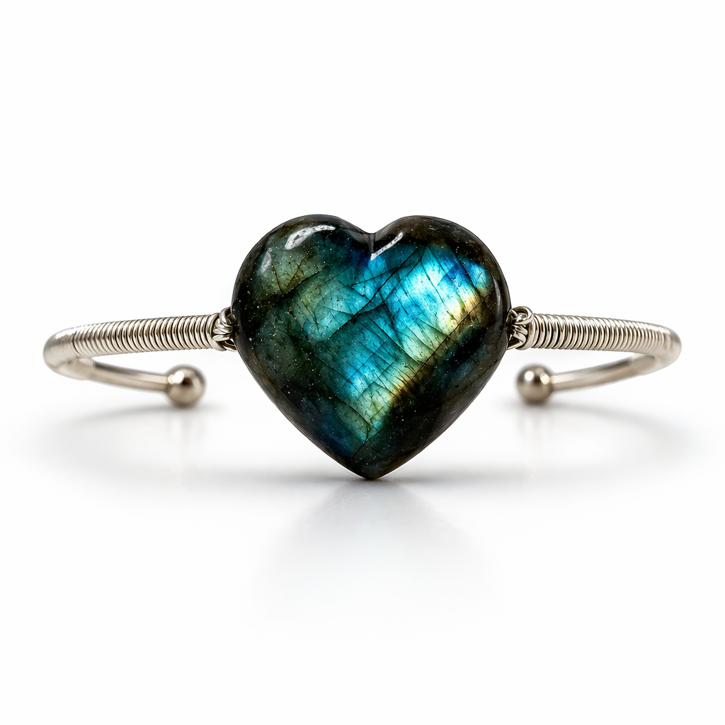 Heart-shaped Labradorite stone bracelet on a white background