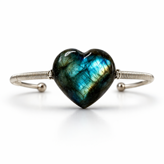 Heart-shaped Labradorite stone bracelet on a white background
