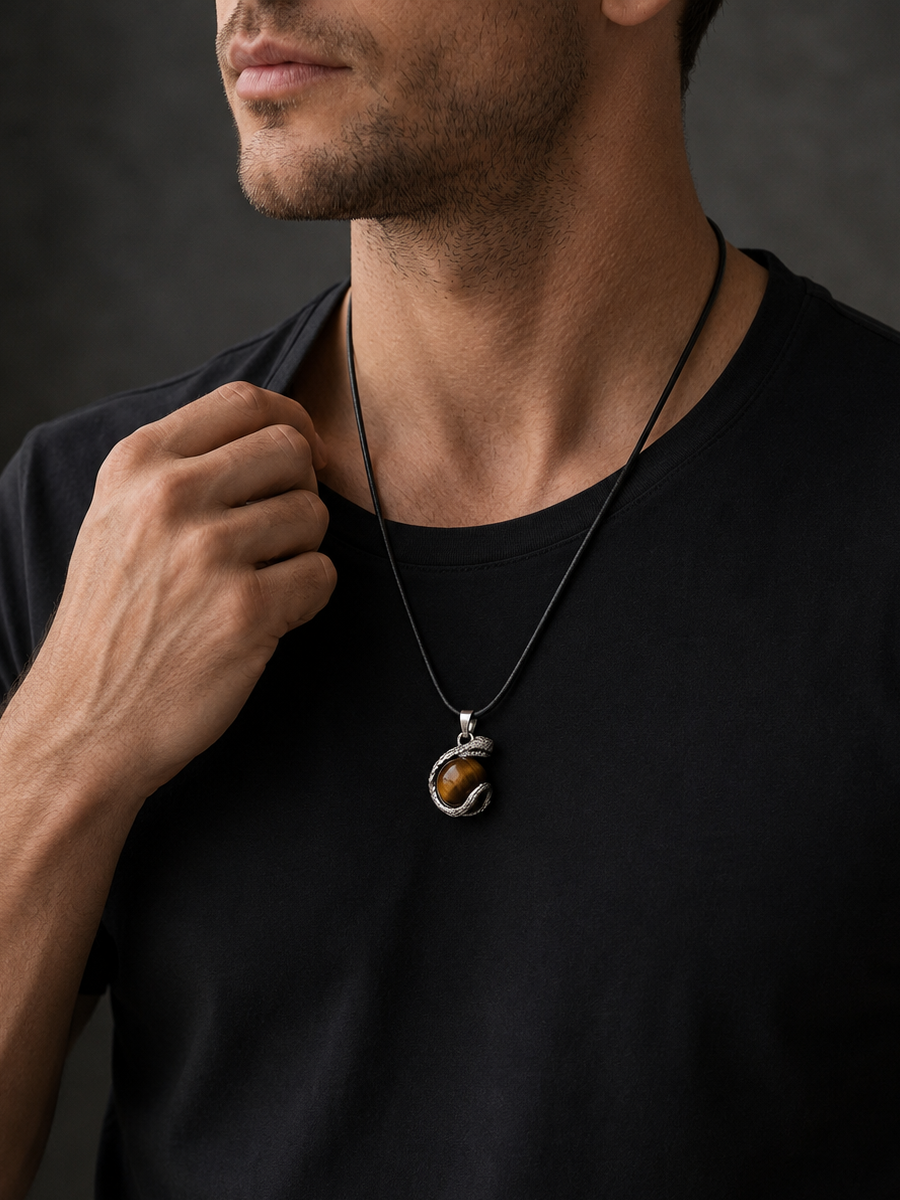 Tiger Eye Serpent Guardian Pendant Necklace