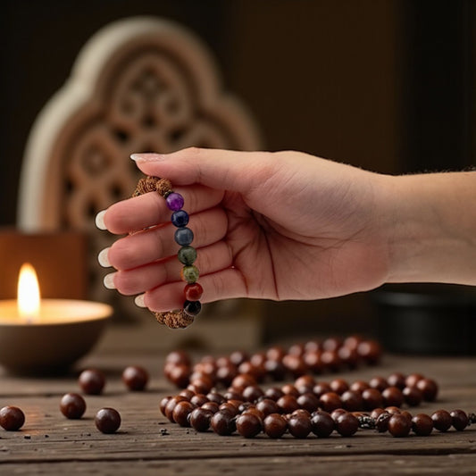 Rudraksha, Onyx & Tiger Eye Bracelet – Sacred Energy & Grounded Strength