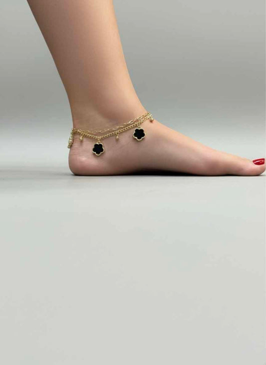 Black Obsidian Flower Charm Anklet – Gold Chain Anklet with Black Dangle Flower Design