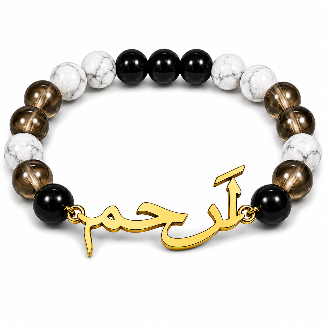 Bracelet with beads and gold Arabic script charm on a white background
