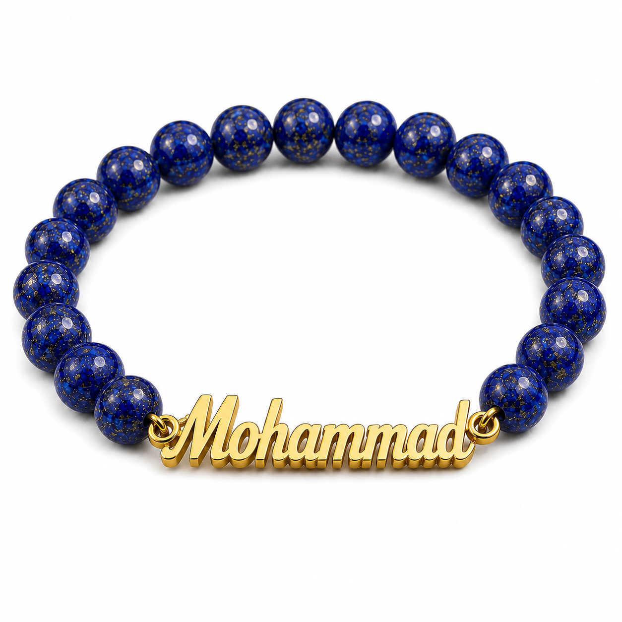 Blue beaded bracelet with a gold 'Mohammad' charm on a white background