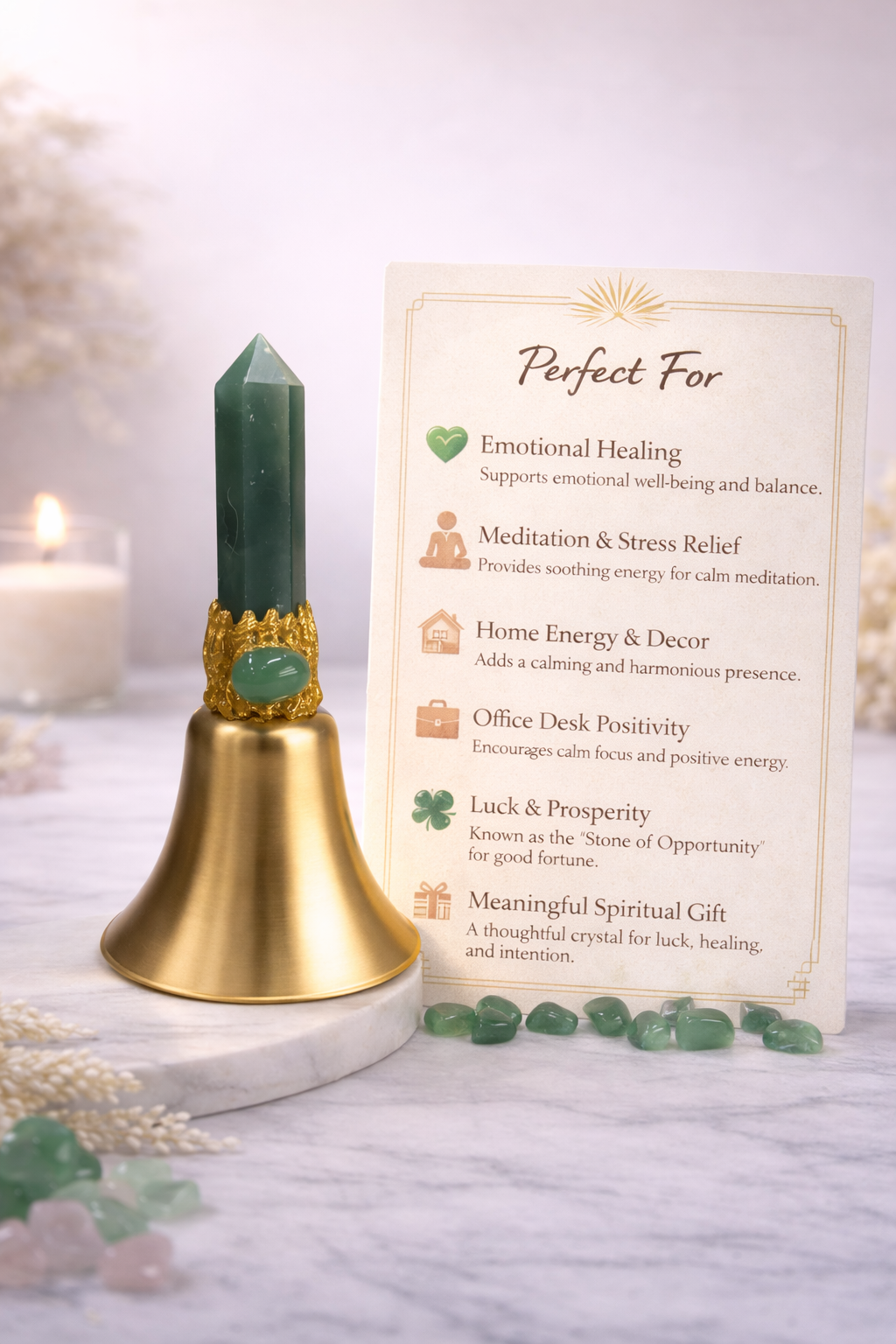 Decorative bell with green crystal on a white surface, accompanied by a card describing its uses.