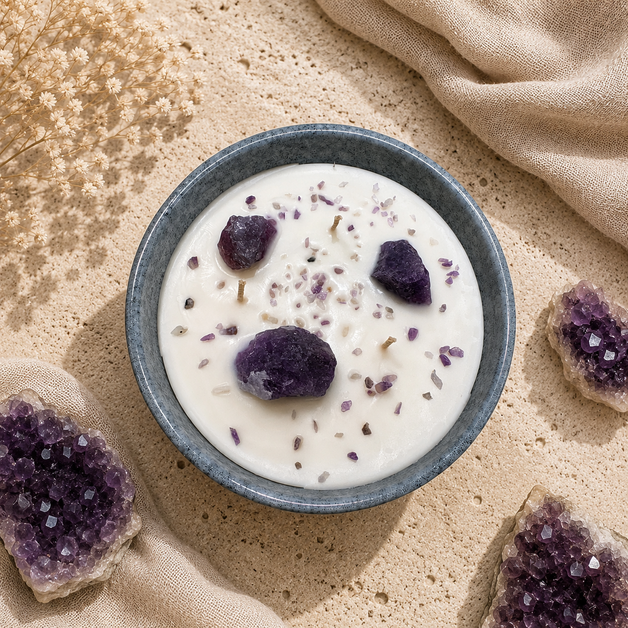 Bowl of white cream with purple结晶 on a beige surface with amethyst crystals.