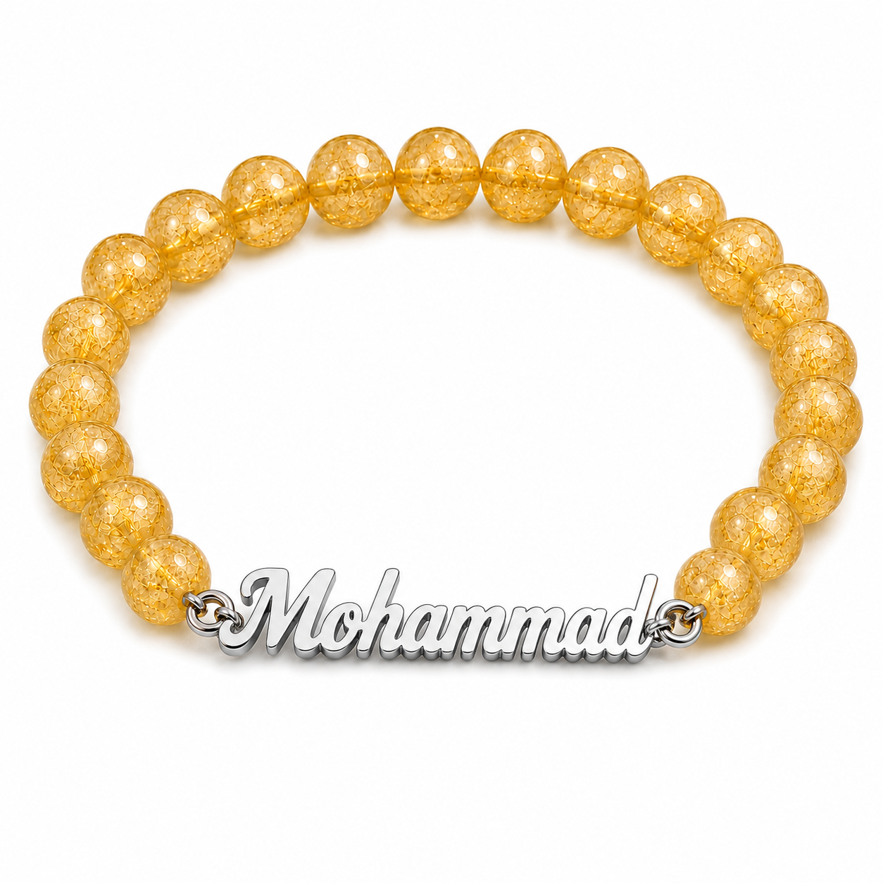 Gold beaded bracelet with 'Mohammad' charm on a white background