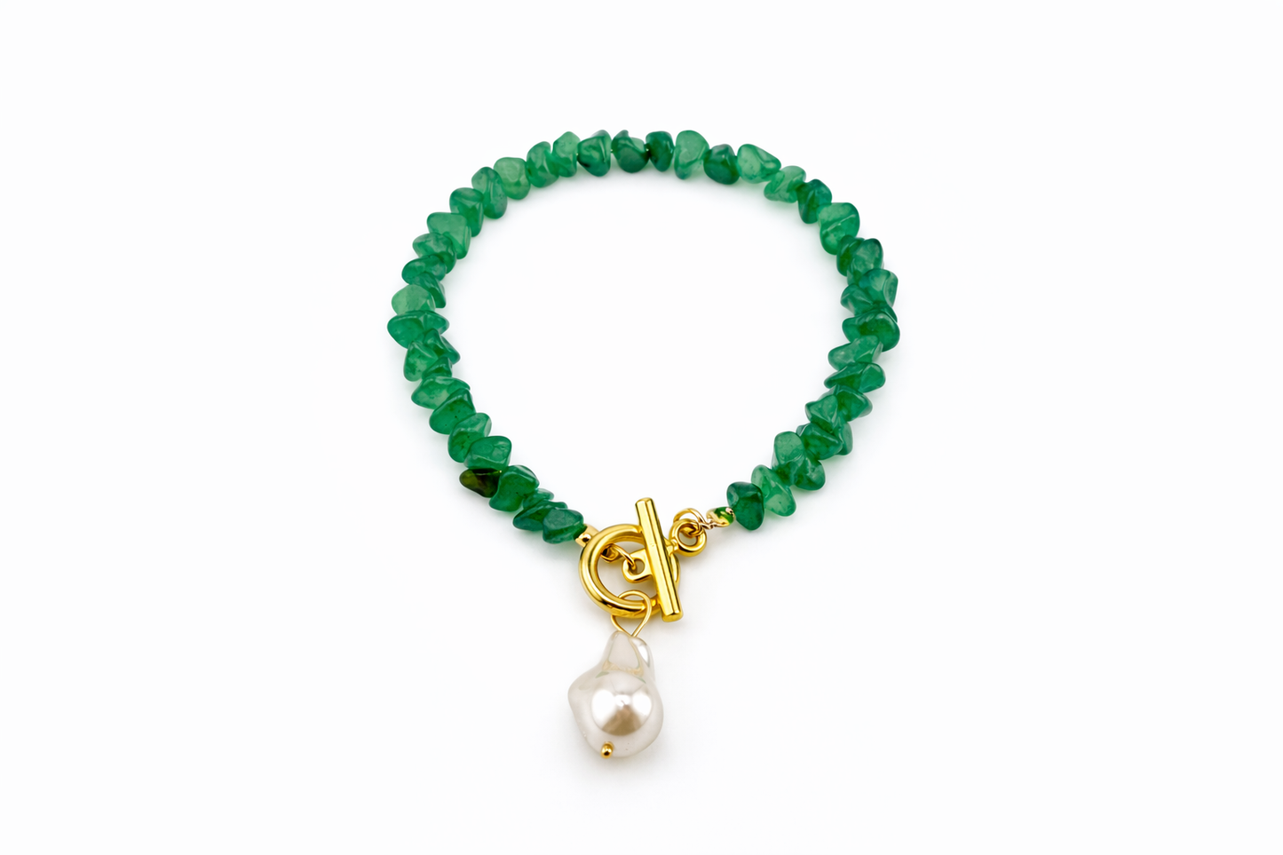 Green beaded bracelet with a gold clasp and pearl charm on a white background