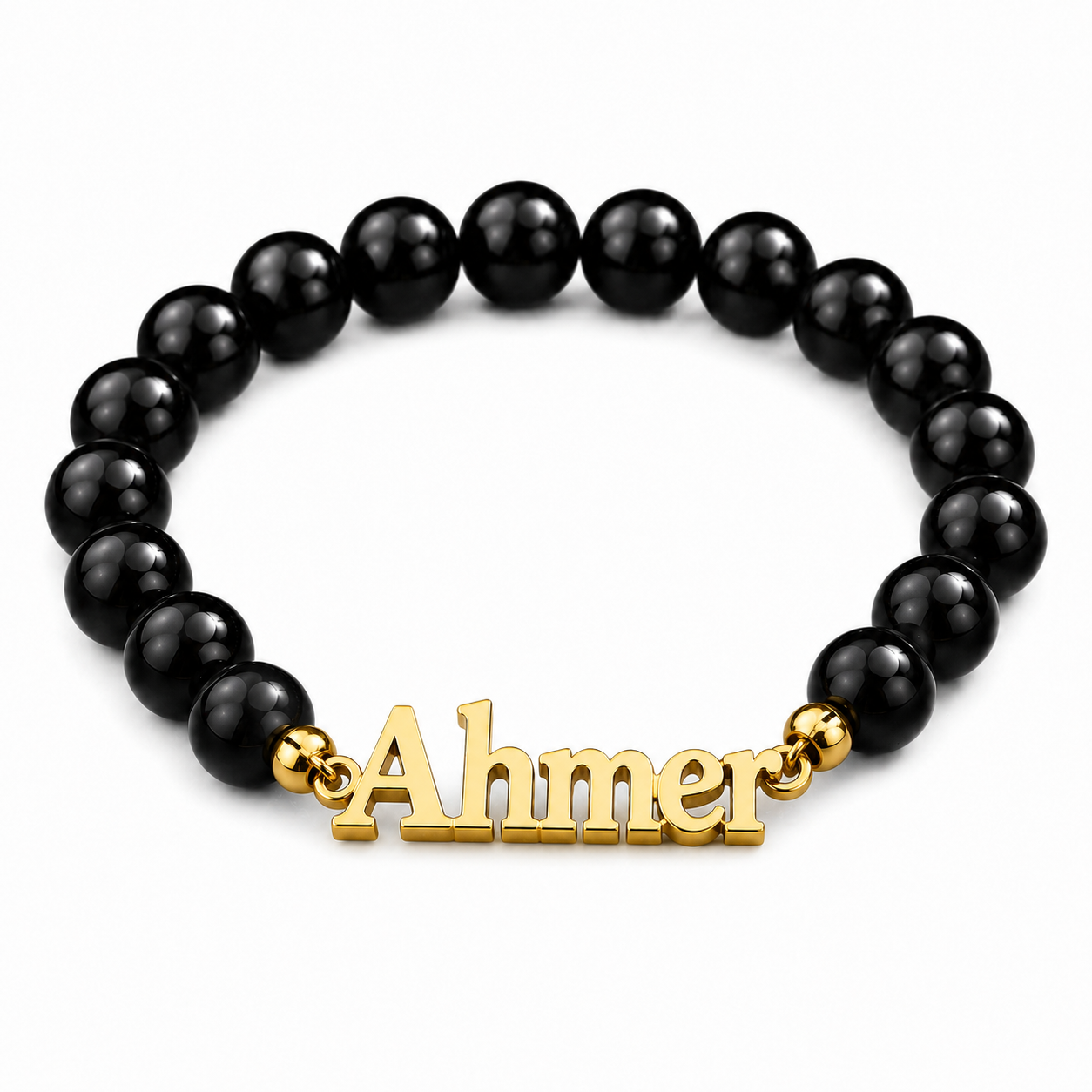 Black beaded bracelet with a gold name tag 'Ahmer' on a white background
