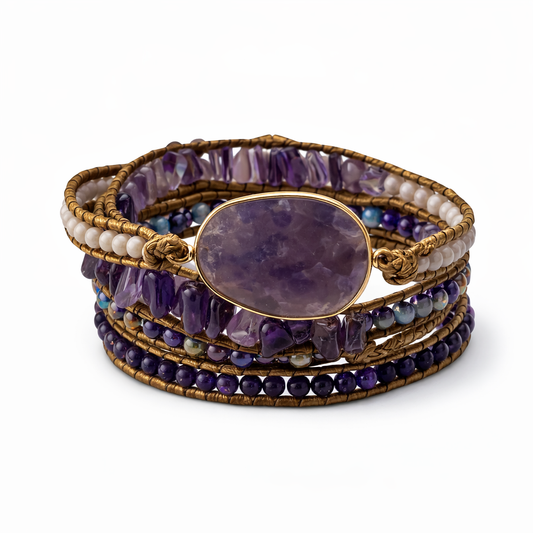 Multistrand bracelet with purple stone and gold accents on a white background