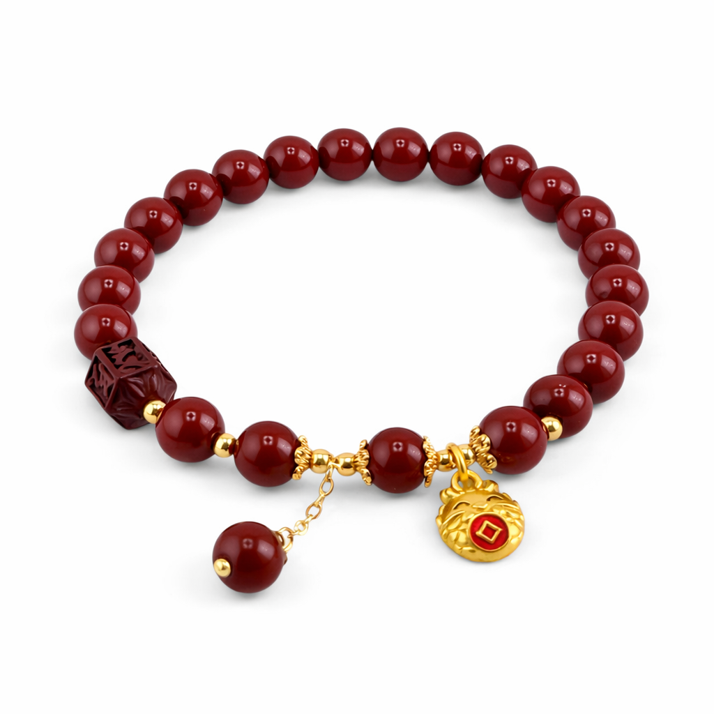 Red beaded bracelet with gold accents on a white background