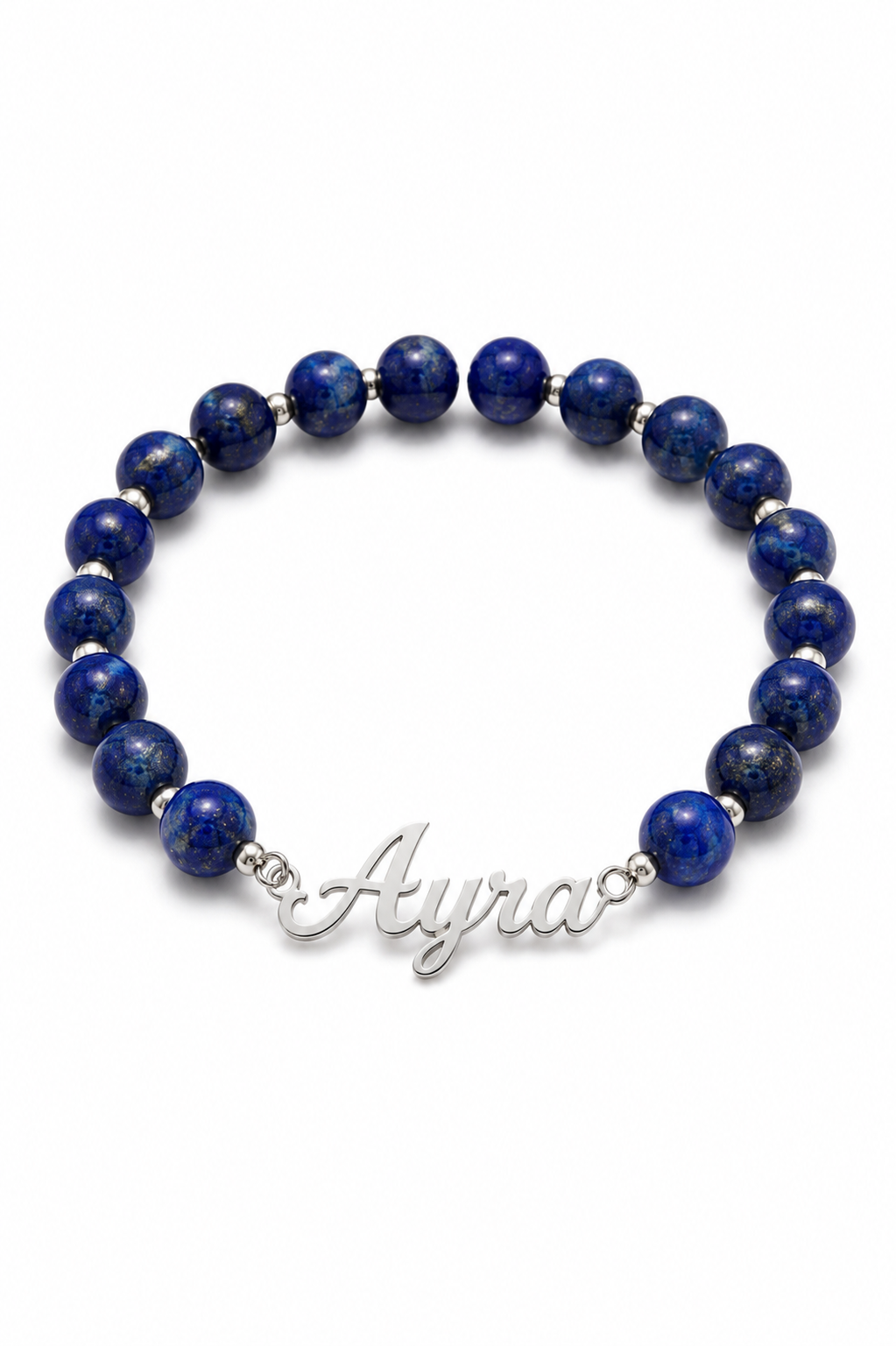 Blue beaded bracelet with a silver name charm on a white background