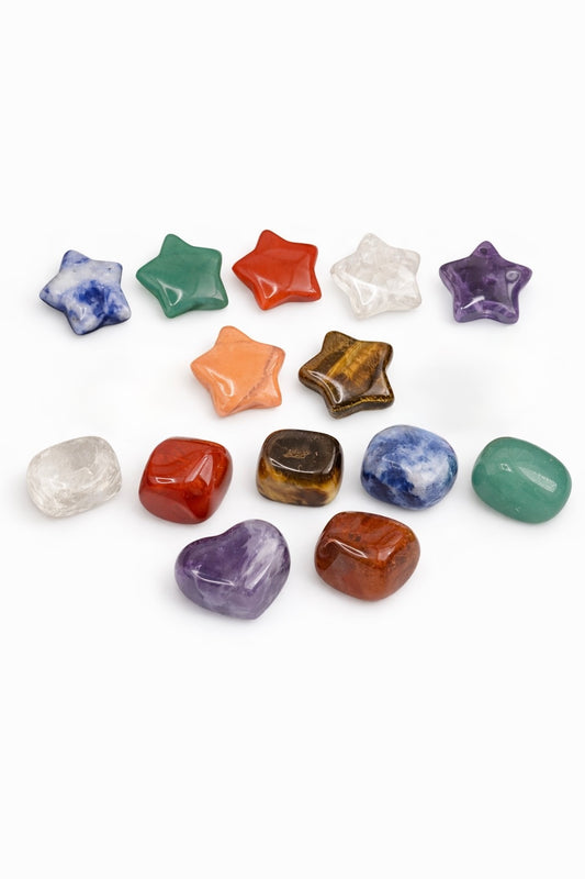 Collection of various colorful crystals on a white background