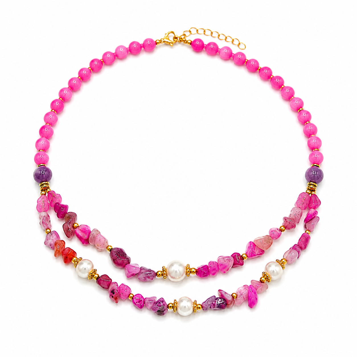Pink Agate Chip, Pink Agate & Pearl Double Layer Necklace