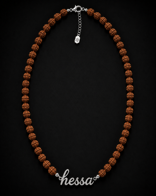 Brown beaded necklace with a silver chain on a black background