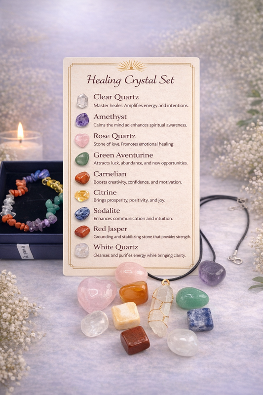 Healing crystal set with crystal information card on a soft background