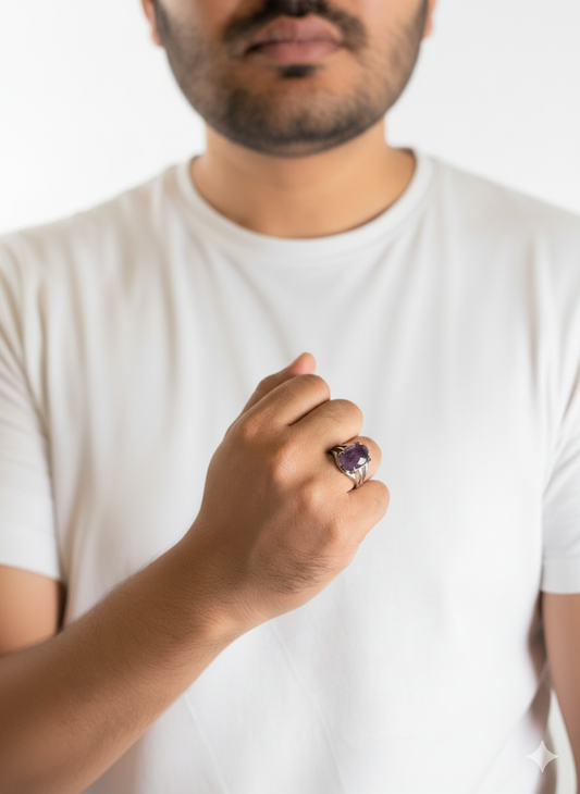 Man wearing a white t-shirt with a close-up of his hand and ring.