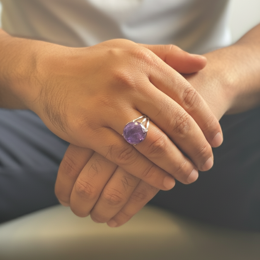 Hand wearing a ring with a purple gemstone, blurred background