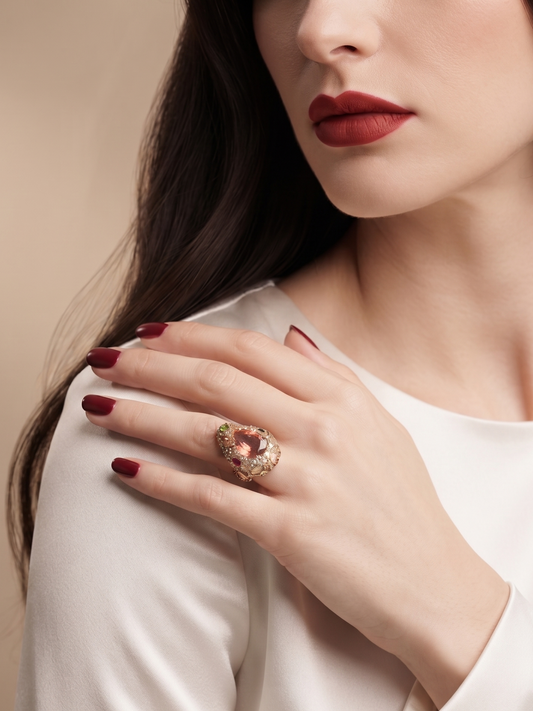 A close-up lifestyle shot of a woman wearing a large, ornate ring on her finger. The ring features a prominent oval pink gemstone surrounded by intricate gold and silver filigree.