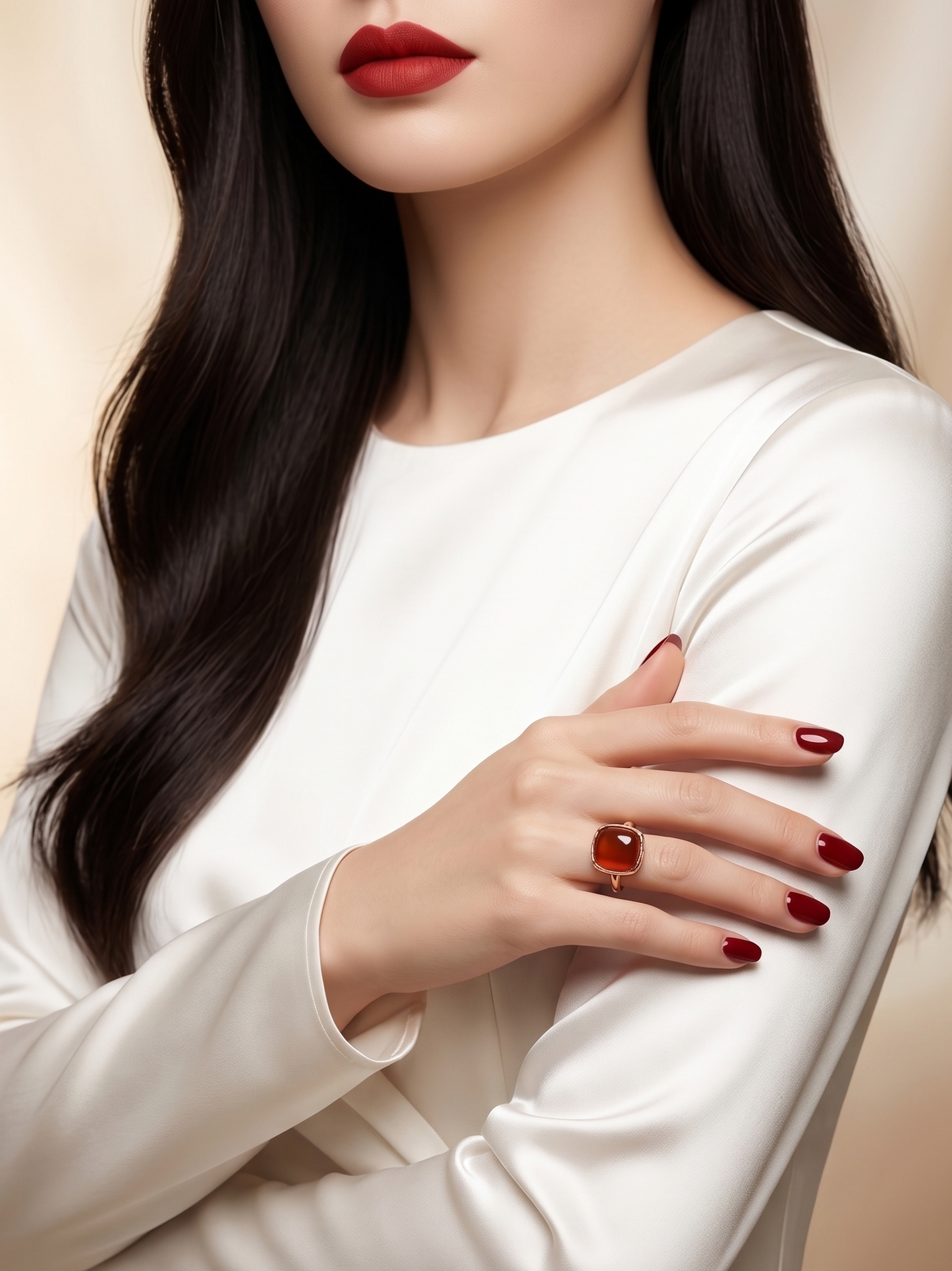 A close-up lifestyle shot of a woman wearing a large, round orange-red cabochon ring on her finger, styled with a white satin long-sleeve top and dark red nail polish against a soft beige background.