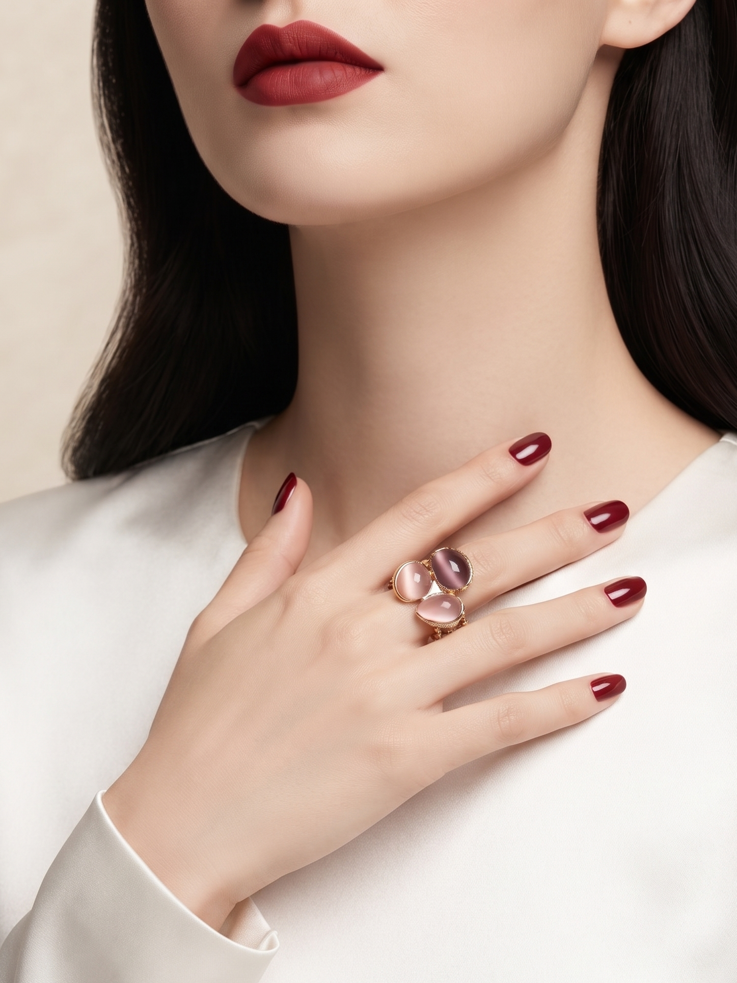 A close-up of a model wearing a large, sculptural rose gold ring with a multi-faceted pink gemstone on her finger, paired with a white satin top and dark red nail polish.