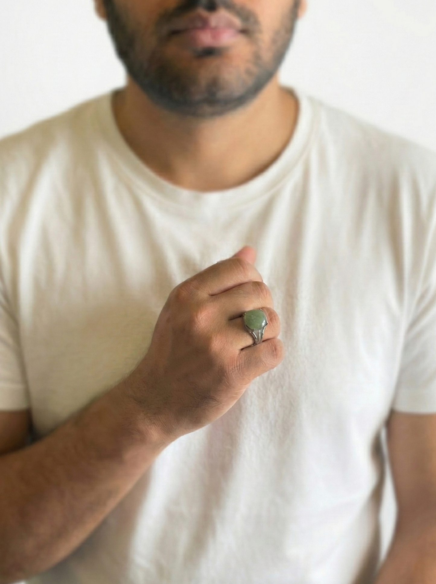 Green Jade Male Ring Natural Stone Silver Finish