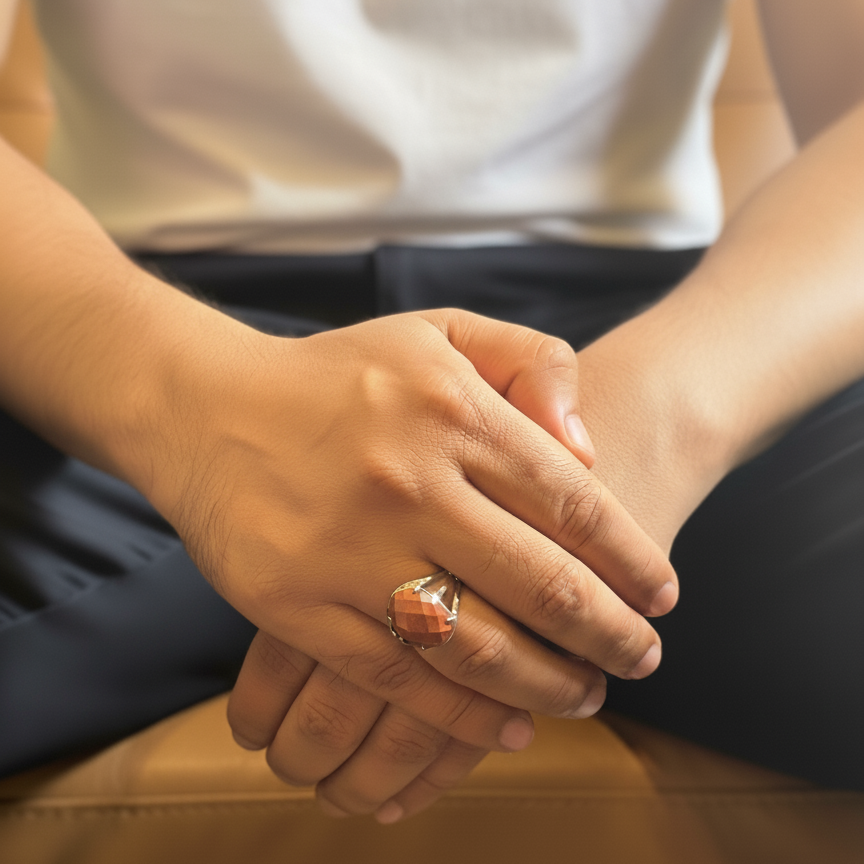 Close-up of hands clasped together on a wooden surface