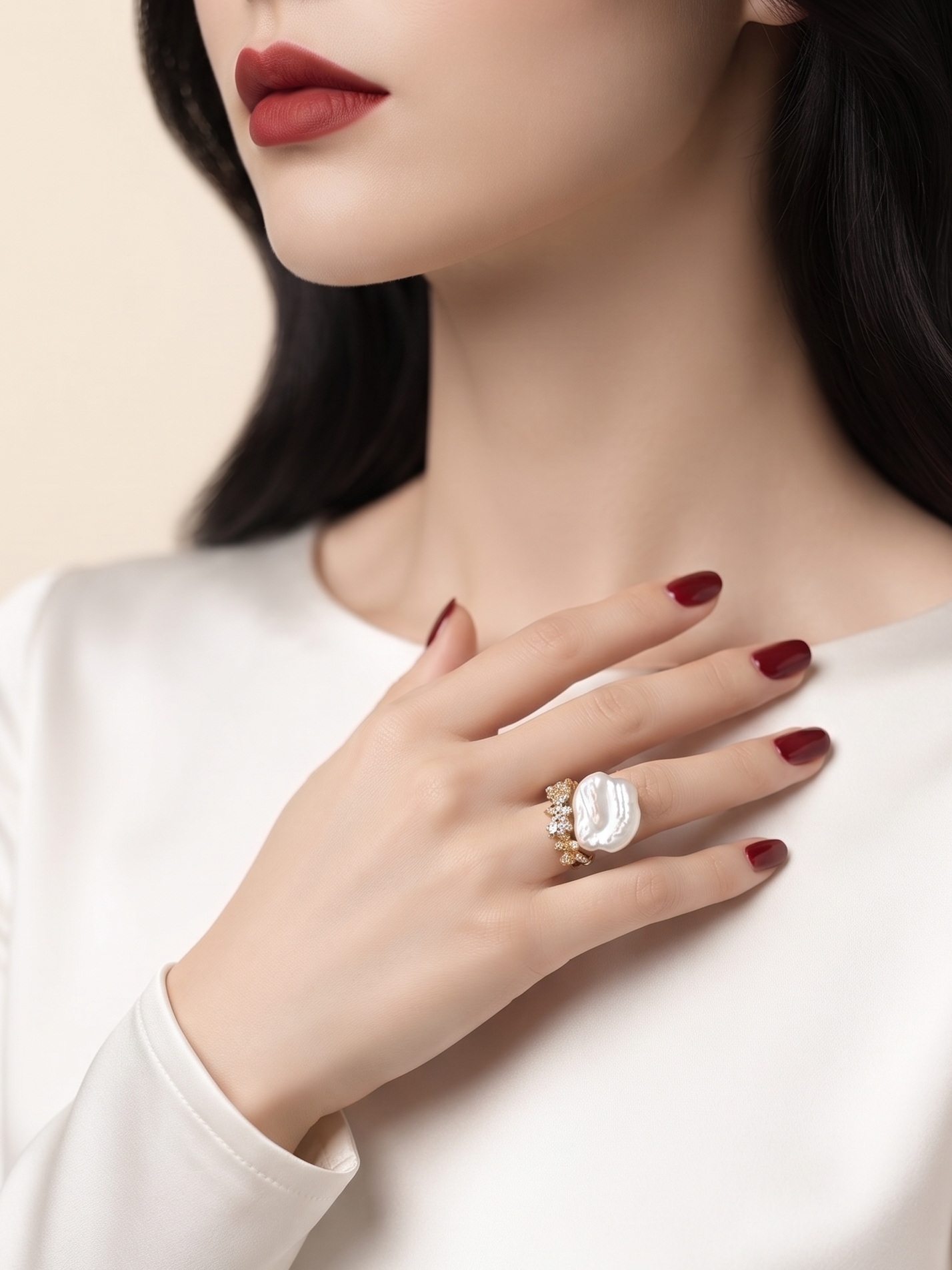 A close-up of a woman wearing a large white oval ring with gold detailing on her finger, styled with a white long-sleeve top and dark red nail polish.