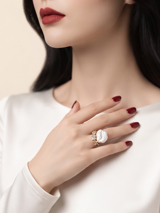 A close-up of a woman wearing a large white oval ring with gold detailing on her finger, styled with a white long-sleeve top and dark red nail polish.
