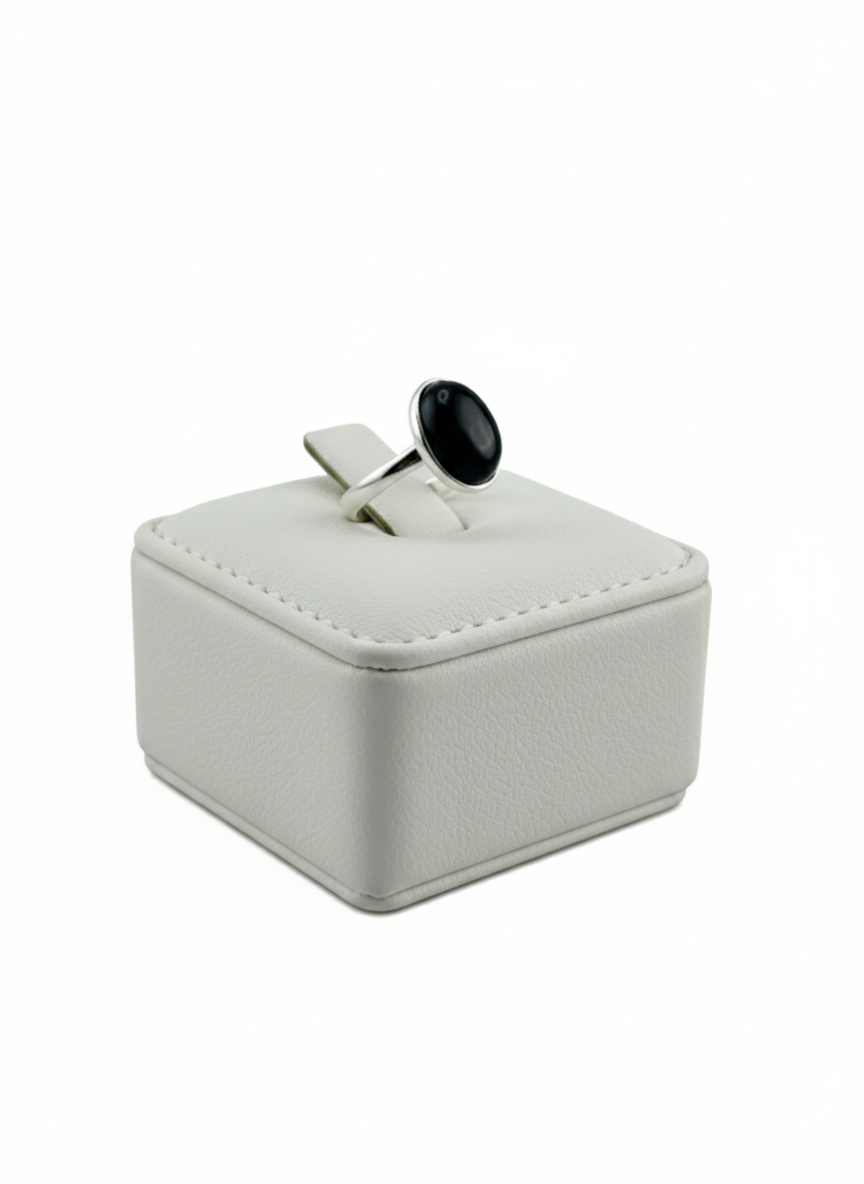 Rounded Black Obsidian Male Ring Natural Protection Stone Silver Finish