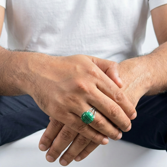 Malachite Male Ring Natural Stone Silver Finish