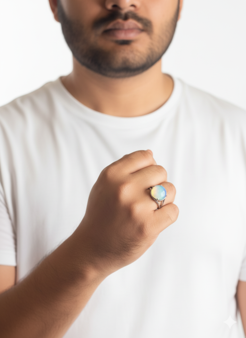 Man wearing a white t-shirt and a ring with a colorful gemstone on a plain background
