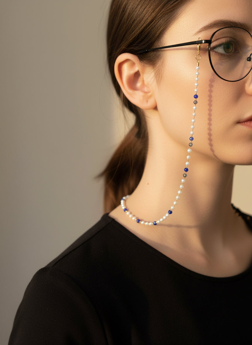 blue pearl and grey stone eyeglass chain