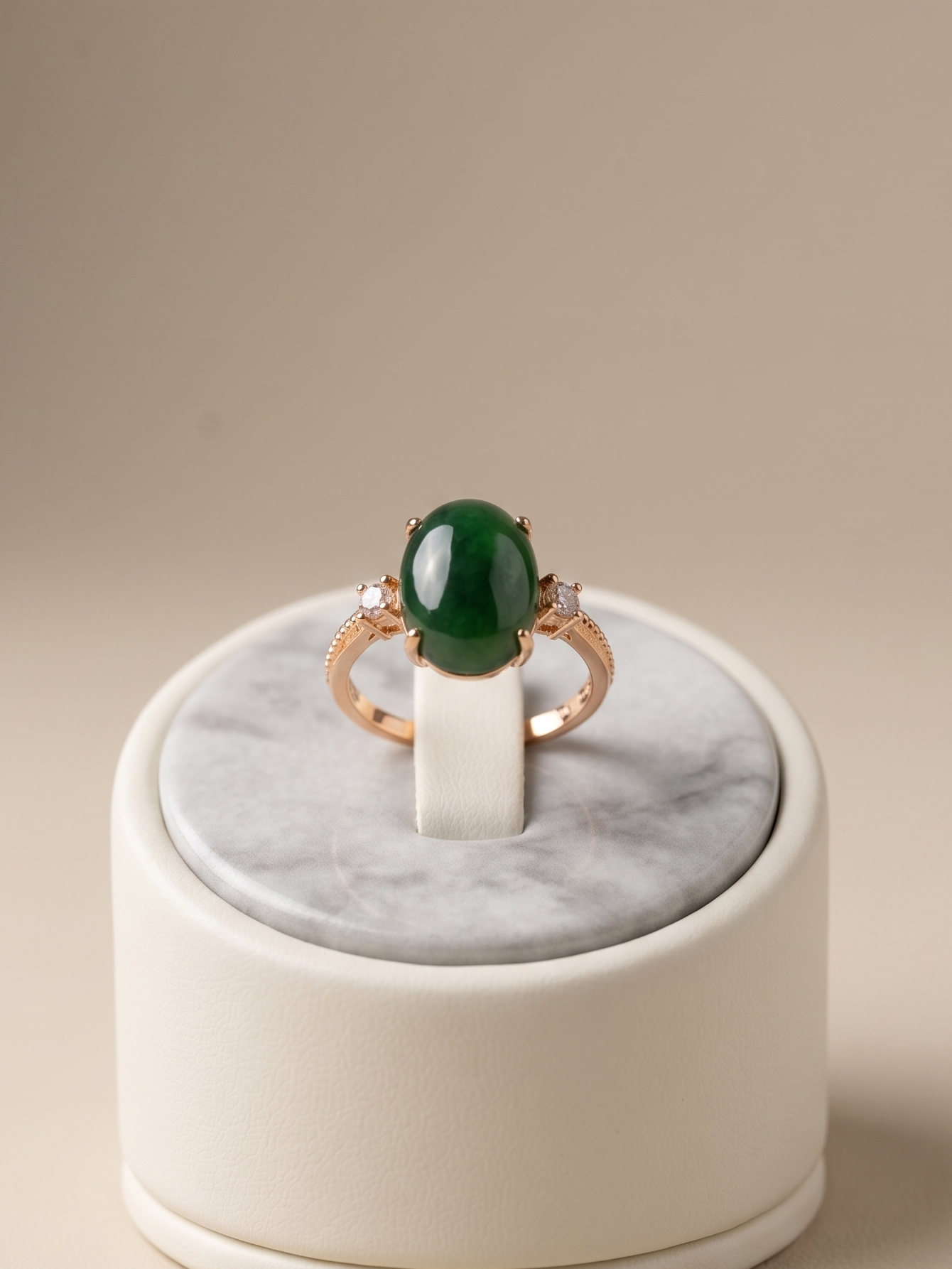 A rose gold ring with a large oval green cabochon gemstone, displayed on a white marble-and-cream cylindrical ring stand against a warm beige background.