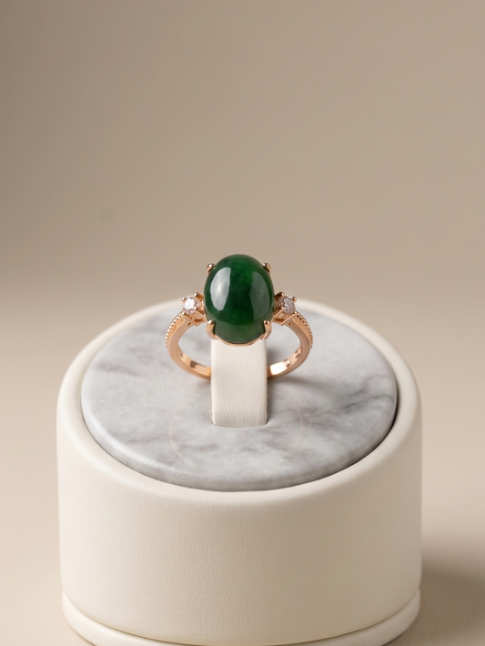 A rose gold ring with a large oval green cabochon gemstone, displayed on a white marble-and-cream cylindrical ring stand against a warm beige background.