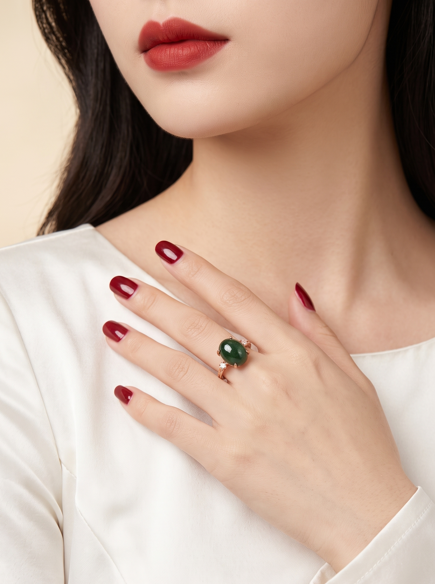 A close-up of a woman wearing a gold ring with a green oval gemstone, resting her hand on her lap against a soft beige background.