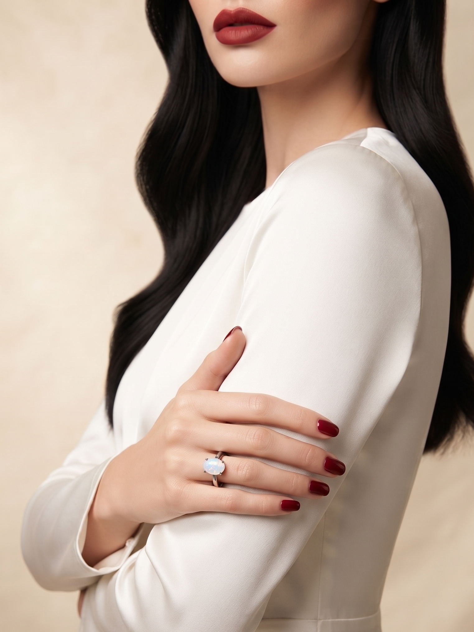 A woman in a white satin dress wearing a silver ring with a large white stone, shown from the chest up against a warm beige background.