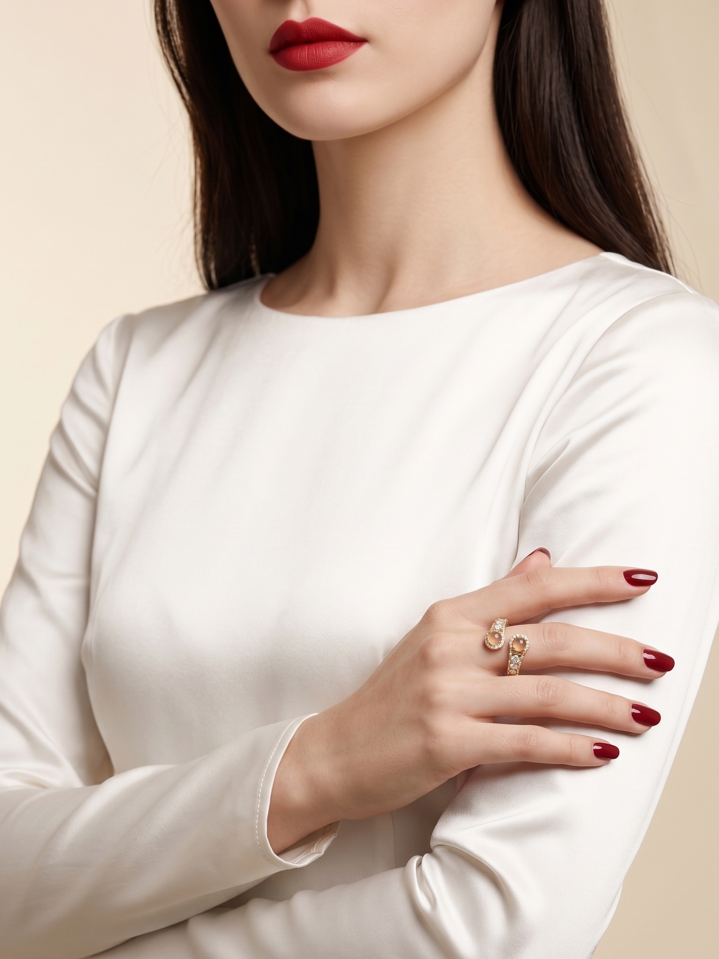 A close-up of a woman wearing a white long-sleeve top and a gold ring with clear stones on her finger, set against a warm beige background.